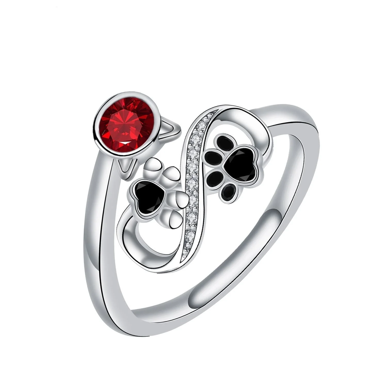 Black Paw Print Adjustable Ring With Red Gemstone - Image 5