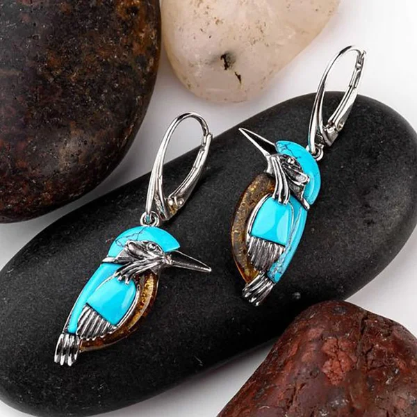 Blue Hummingbird Enamel Earrings - Image 2