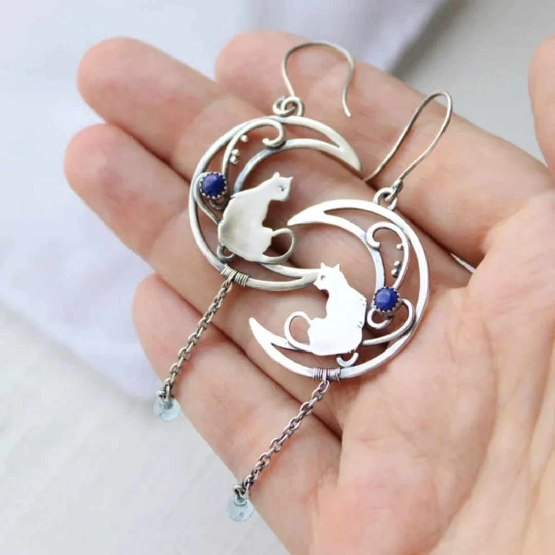 Blue Zirconia Cat Boho Earrings in Sterling Silver - Image 2