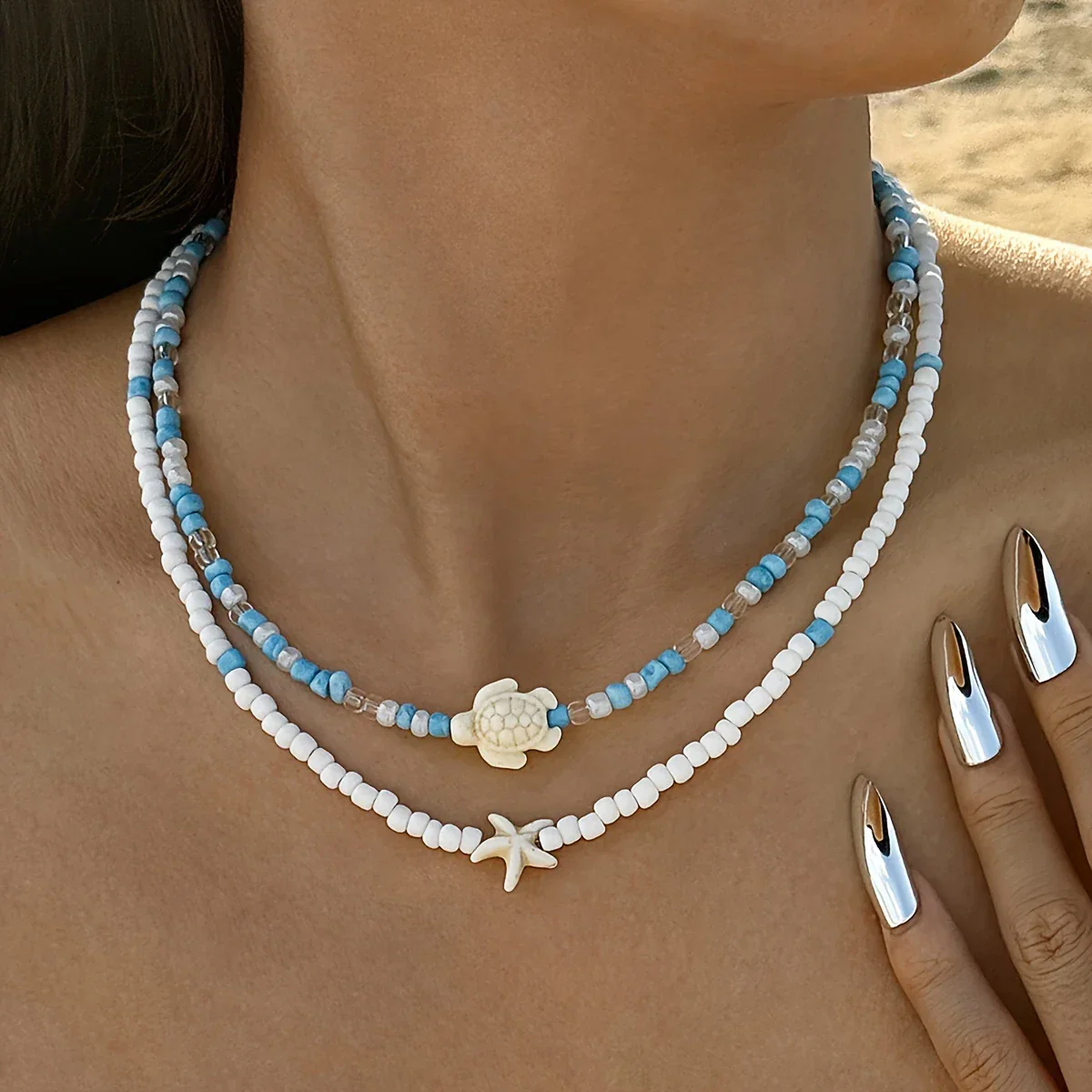 Bohemian 2-Piece Necklace with Turtle and Starfish