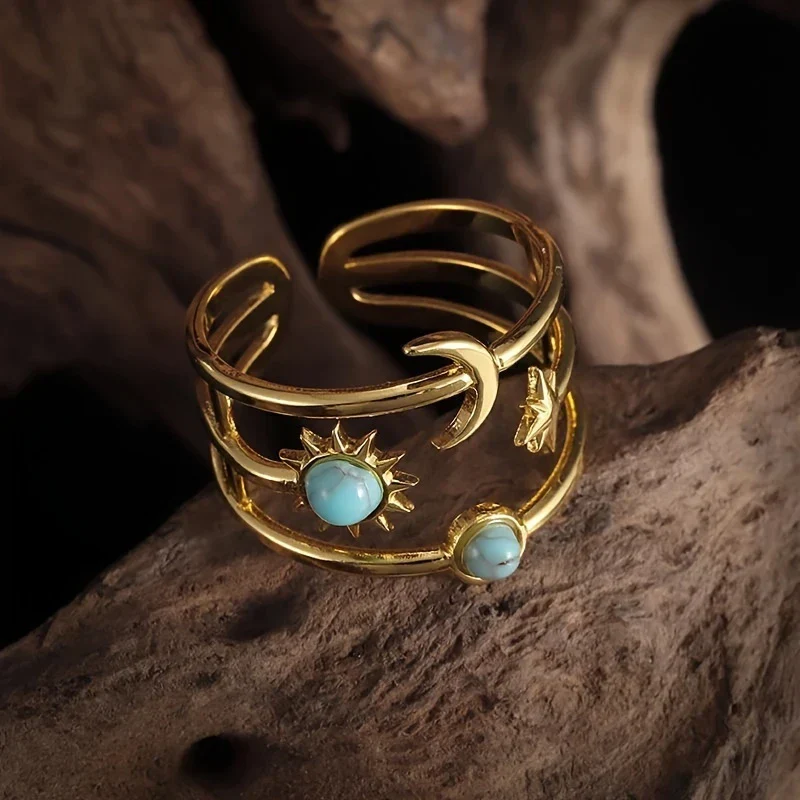 Bohemian Adjustable Sun Moon Gold Ring - Image 2