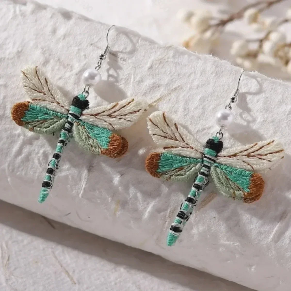 Bohemian Embroidered Dragonfly Earrings - Image 3