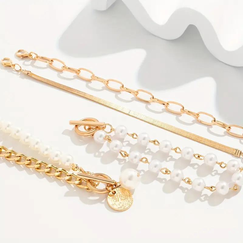 Chic Gold 4-Piece Bracelet Set â€“ Snake, Pearls & Links | Gold - Image 2