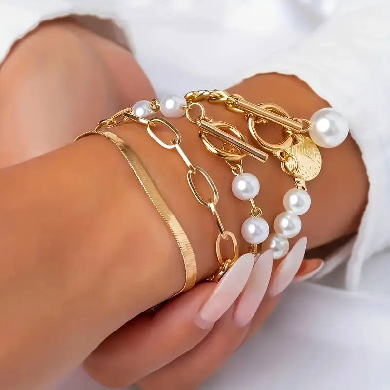 Chic Gold 4-Piece Bracelet Set â€“ Snake, Pearls & Links | Gold - Image 3