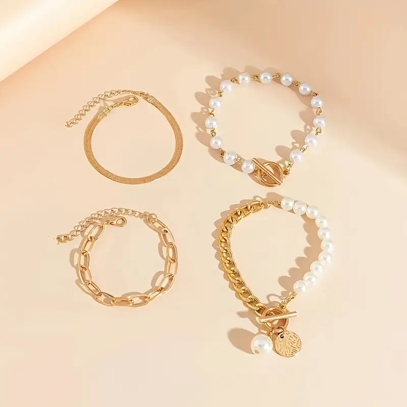Chic Gold 4-Piece Bracelet Set â€“ Snake, Pearls & Links | Gold - Image 4