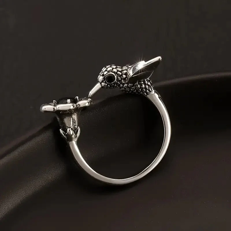 Hummingbird & Flower Ring – Adjustable Open Bird Ring for Women - Image 3