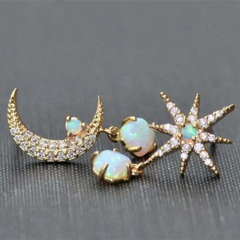 Moon and Star Gold and Opal Earrings - Image 2