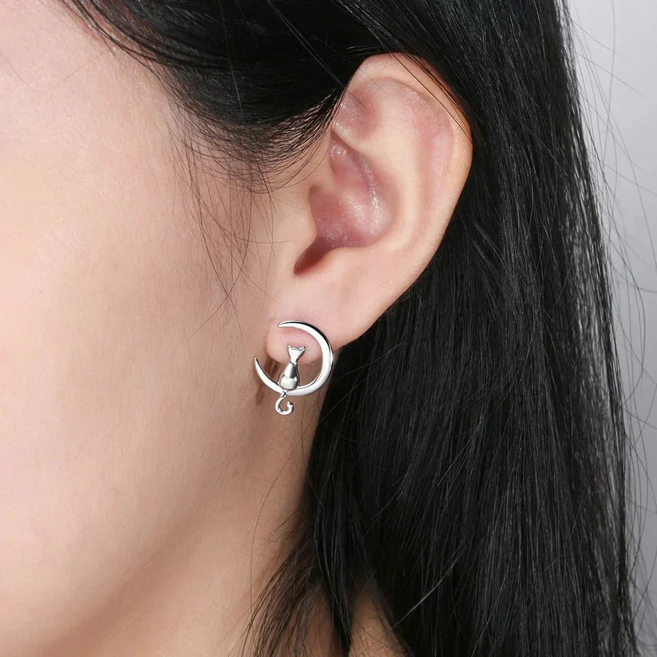 Moon & Cat Sterling Silver Stud Cat Earrings - Image 3