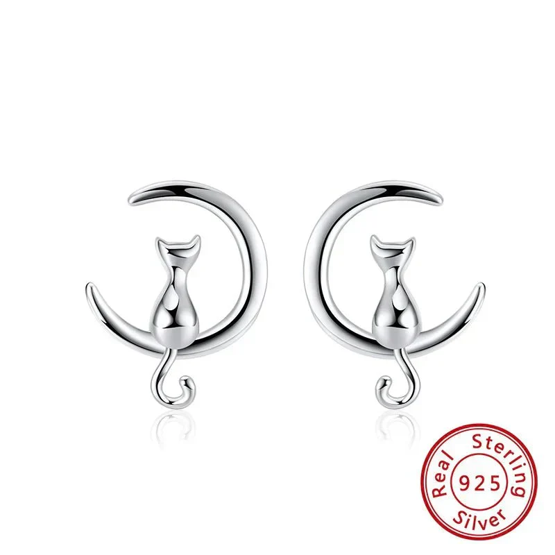Moon & Cat Sterling Silver Stud Cat Earrings - Image 5
