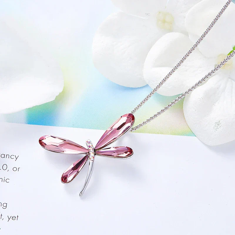 Pink Dragonfly Crystal Pendant Necklace - Image 2