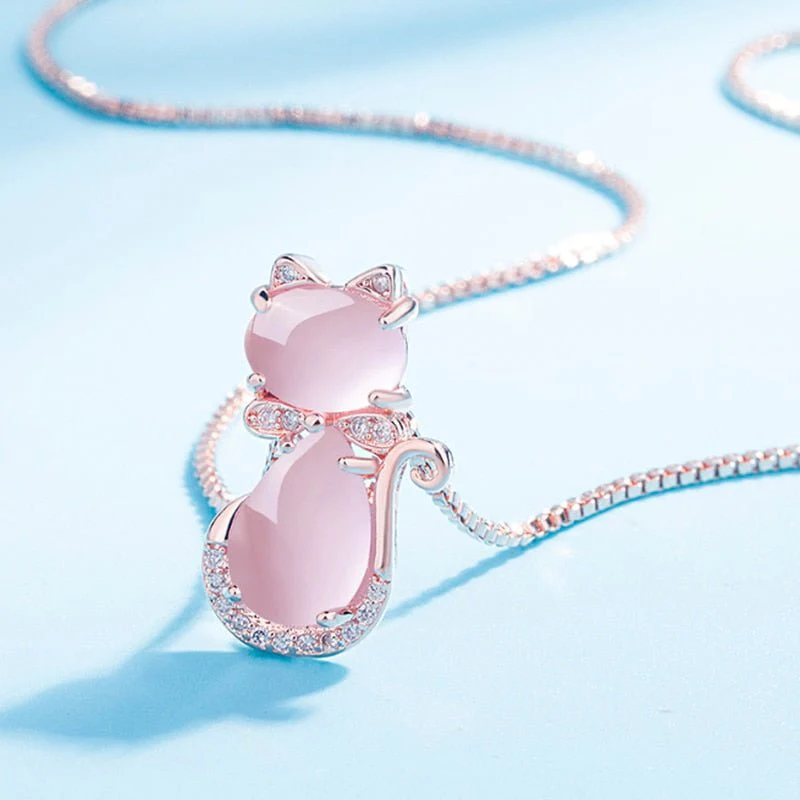 Pink stone lovely cat necklace with zircon - Image 2