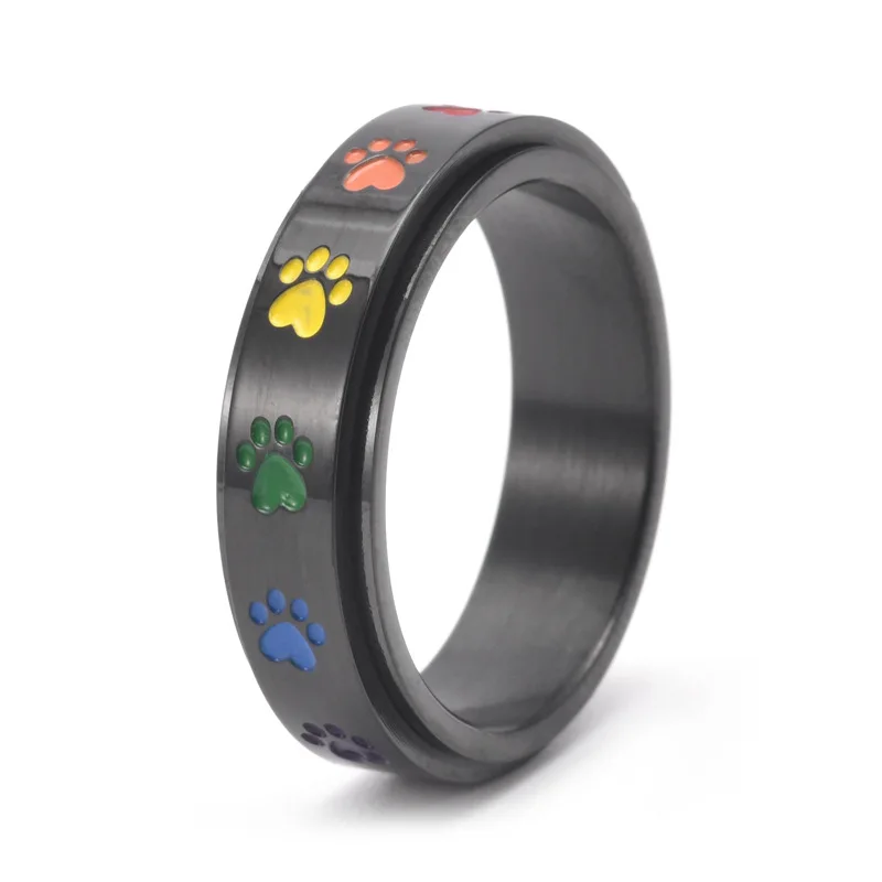 Spinning Stress Reducing Paw Ring – Stainless Steel with Rainbow Paws - Image 3