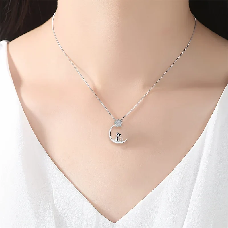 Sterling Silver Cat Moon Star Necklace - Image 4