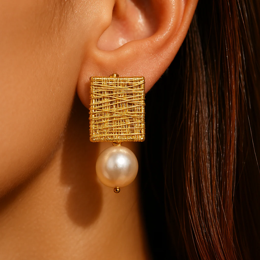Vintage Gold Thread Earrings with Pearls - Image 2