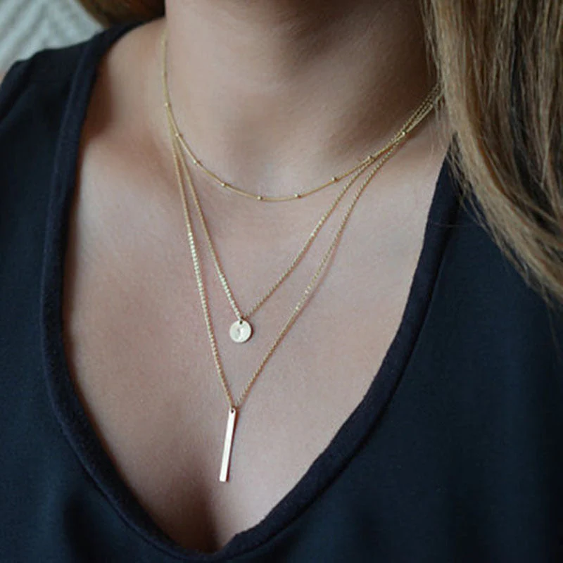 Vintage Layered Chain Necklace with Geometric Pendant - Image 2