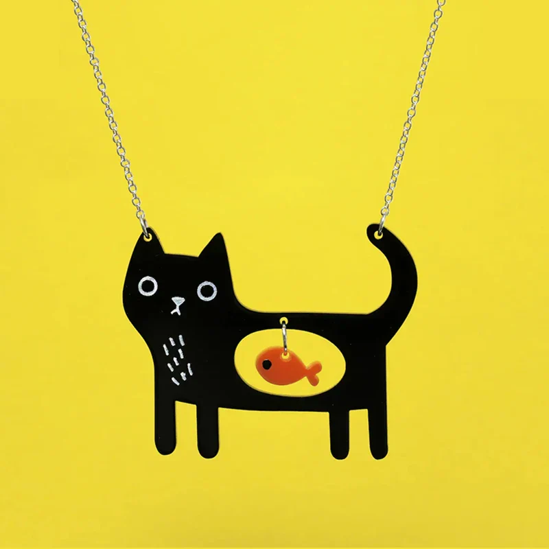 Whimsical Cat & Fish Acrylic Pendant Necklace - Image 2