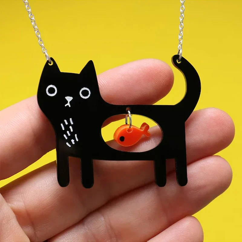 Whimsical Cat & Fish Acrylic Pendant Necklace - Image 3